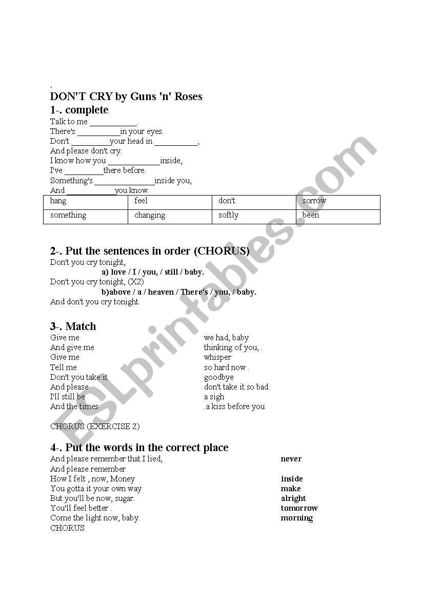 dont cry  worksheet worksheet