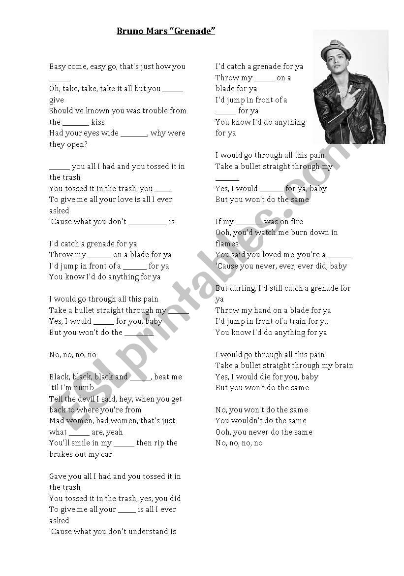 Bruno Mars Song Grenade worksheet