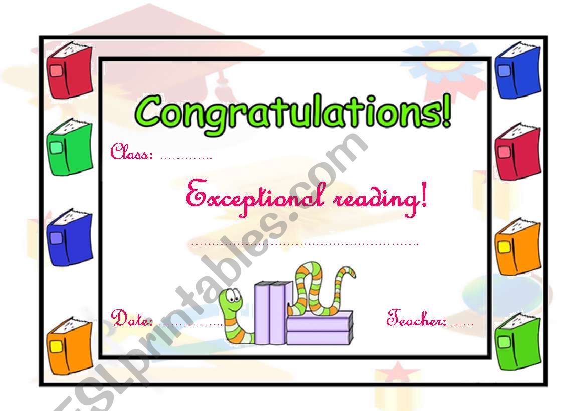 Exceptional reading Award worksheet