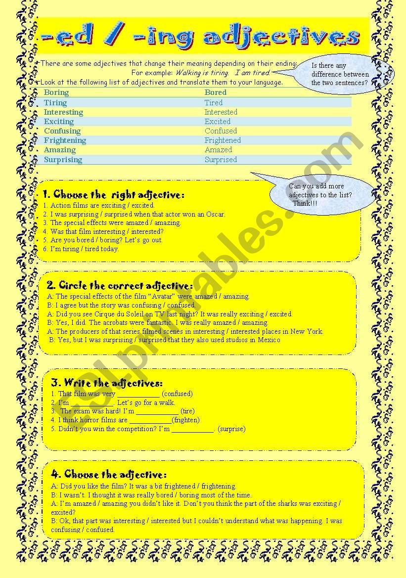 ed / ing adjectives worksheet