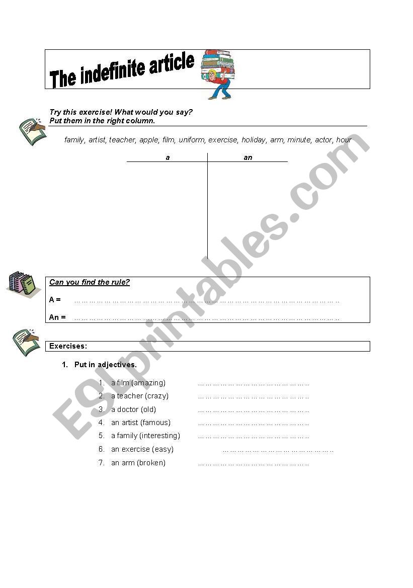 the indefinite article worksheet