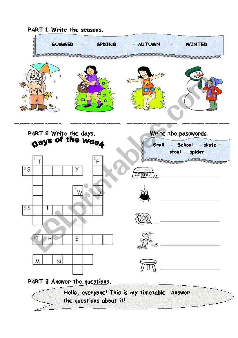 Seasons, days, weeks, timetable, subjects, 