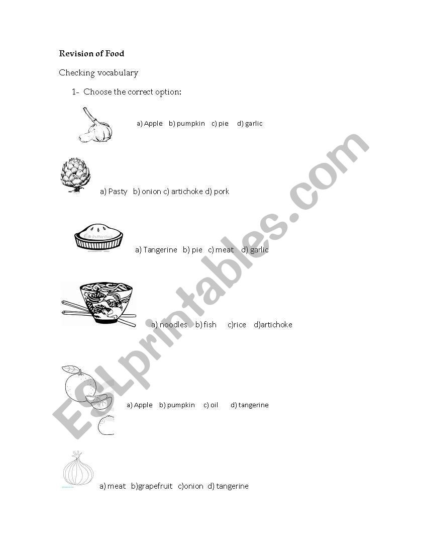 Multiple choice of food worksheet