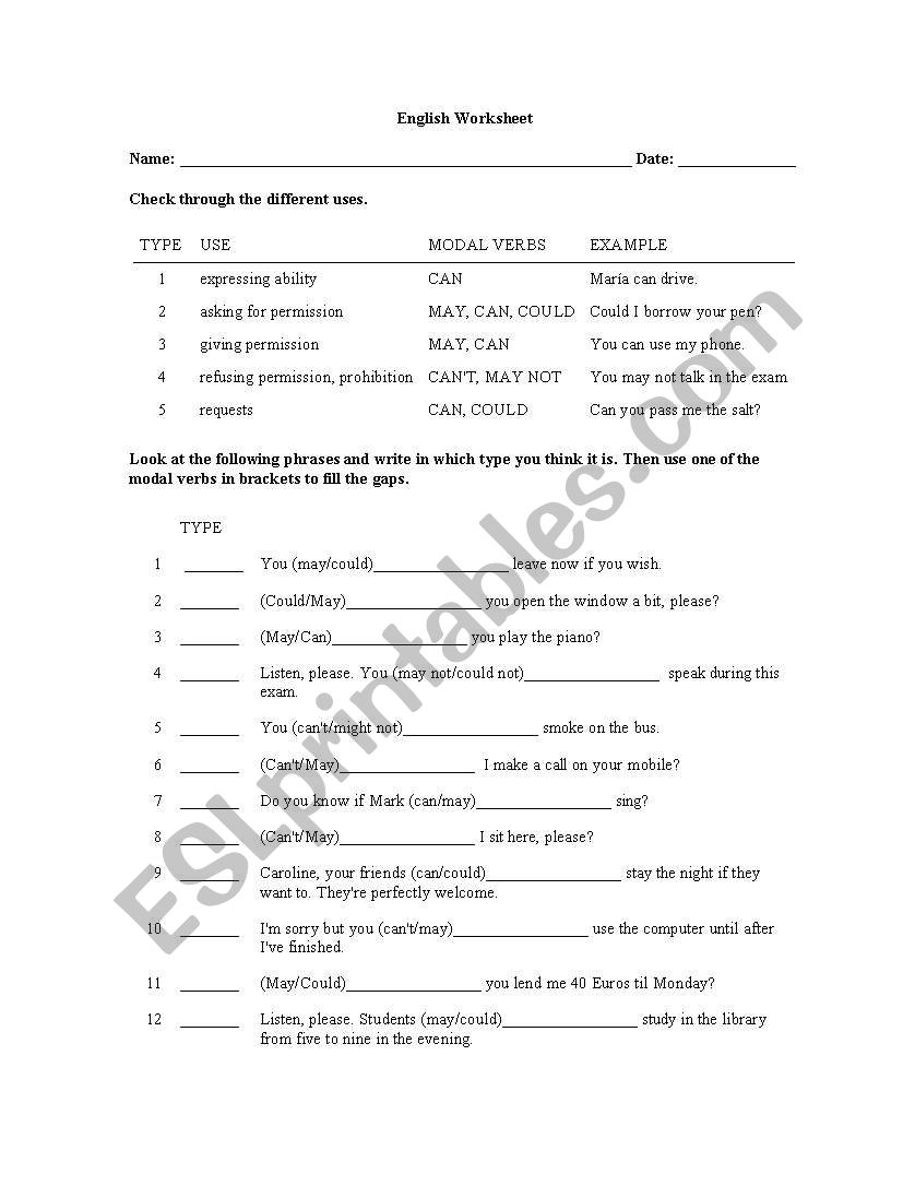Worksheet for modals worksheet