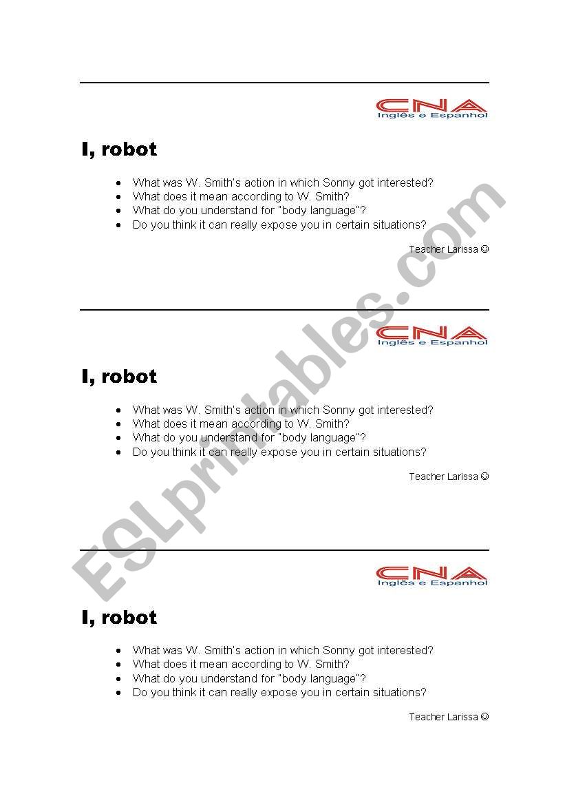 I, robot - body language worksheet