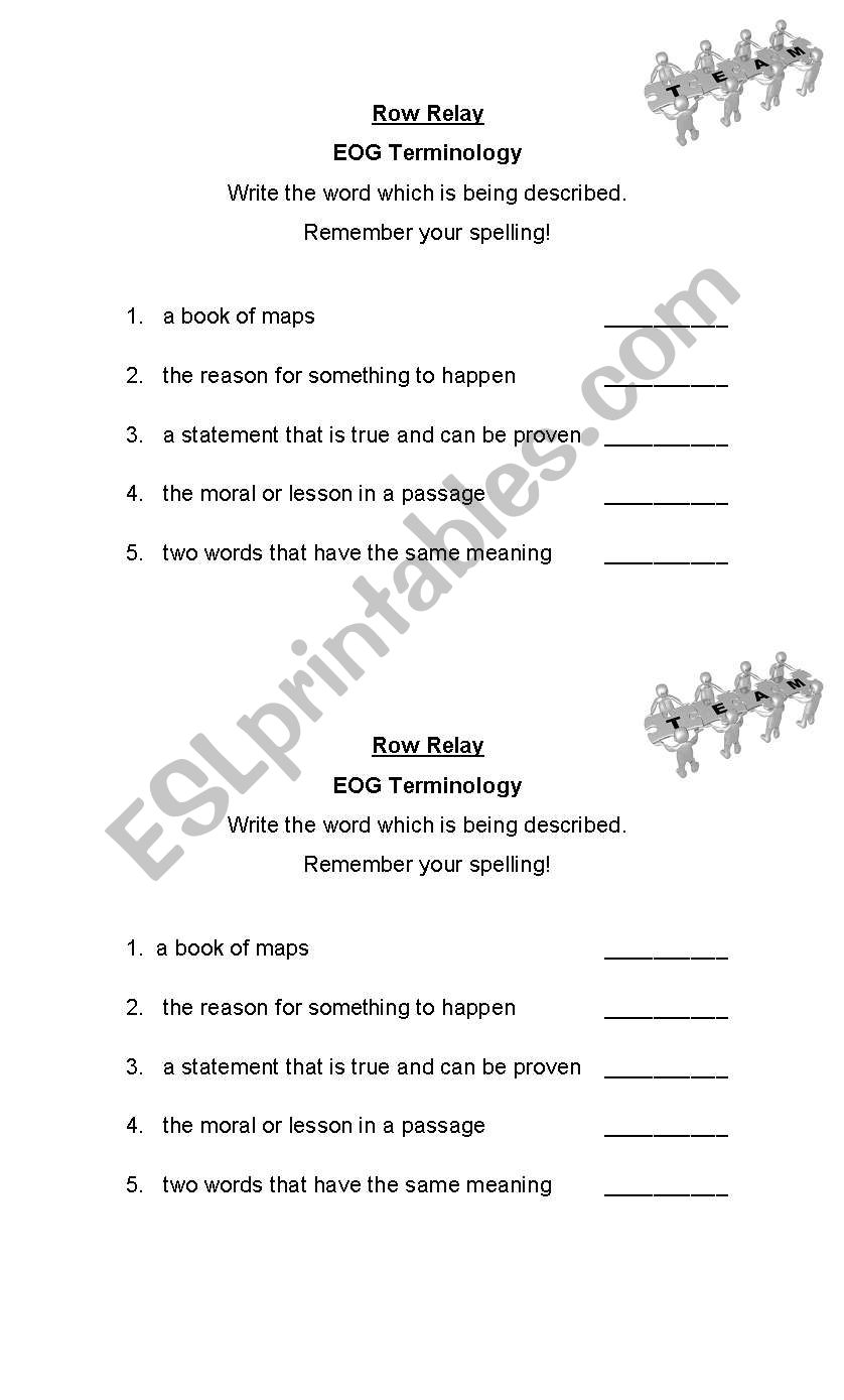 EOG Terminology Row Relay worksheet