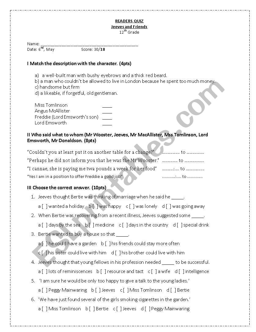 Jeeves and Friens ch 3-4 worksheet