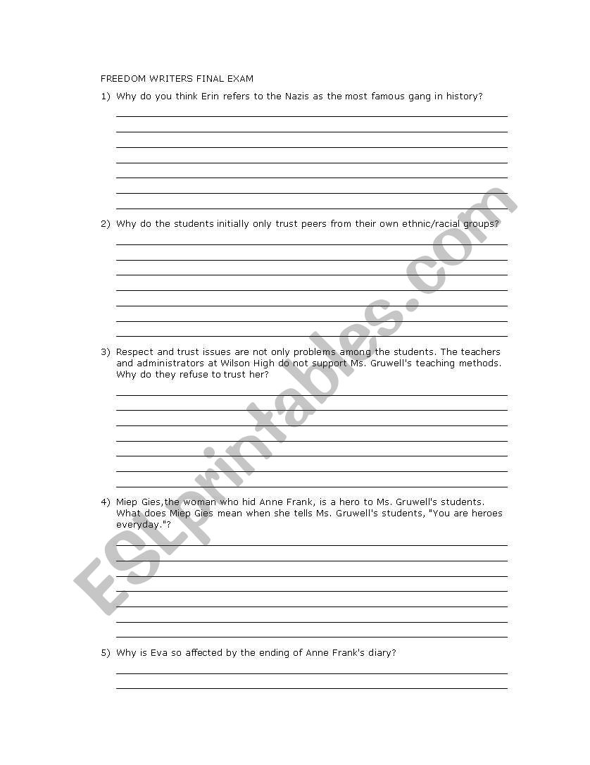 Freedom Writers Final Exam worksheet