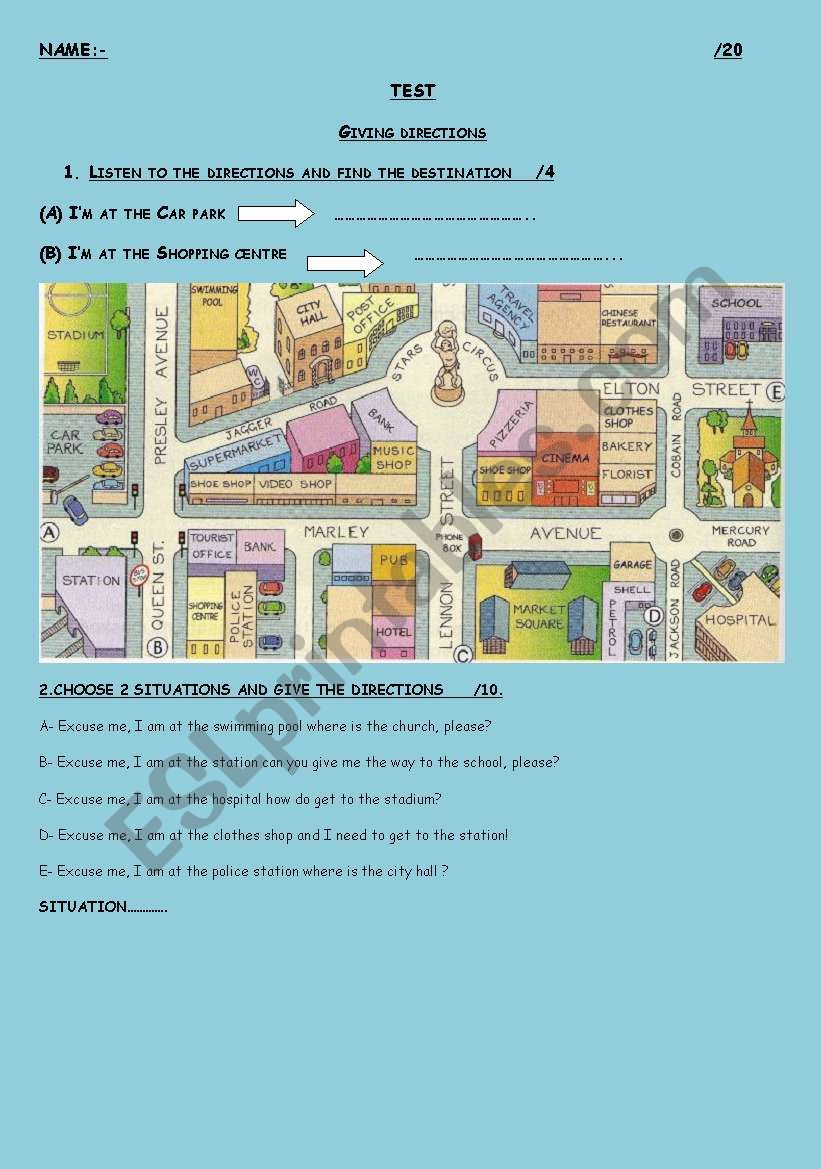 Test on giving directions worksheet