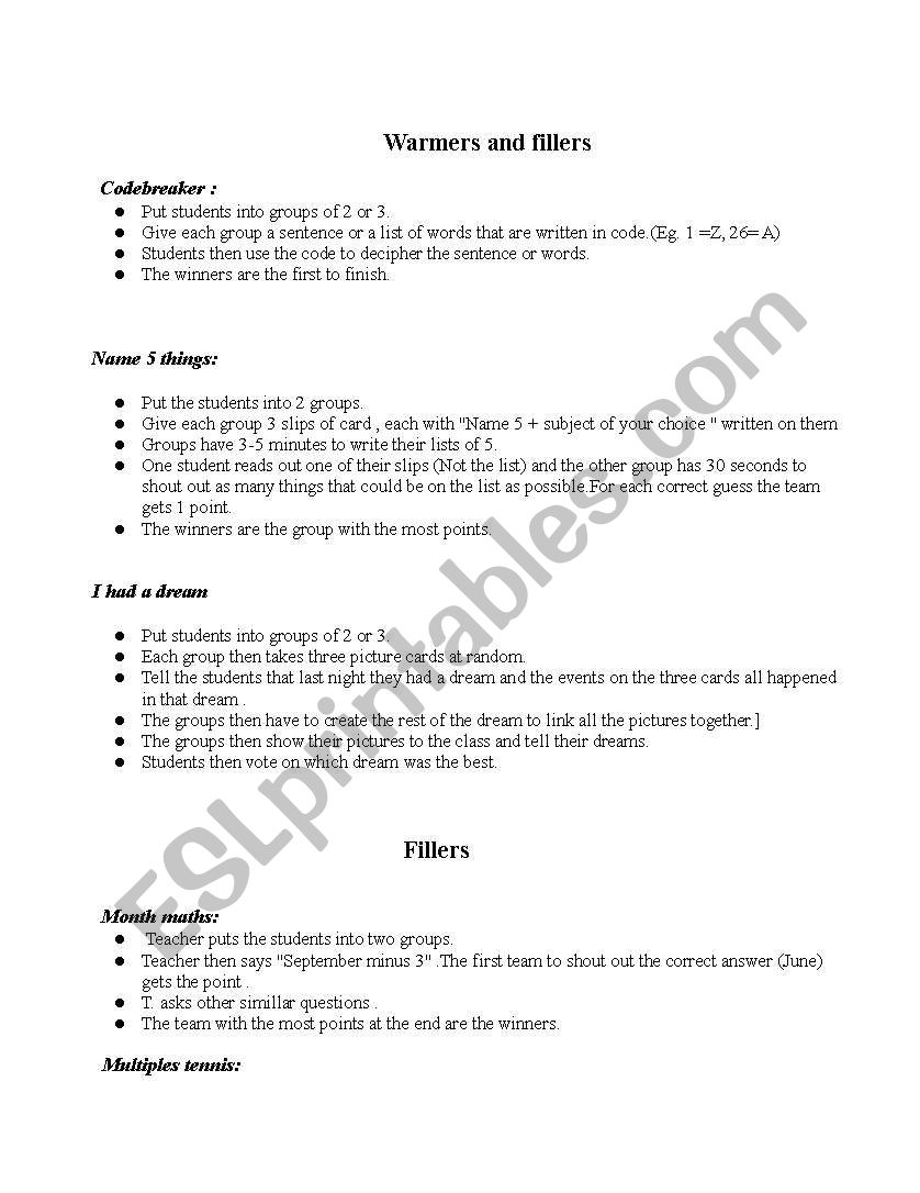 warmfillers worksheet