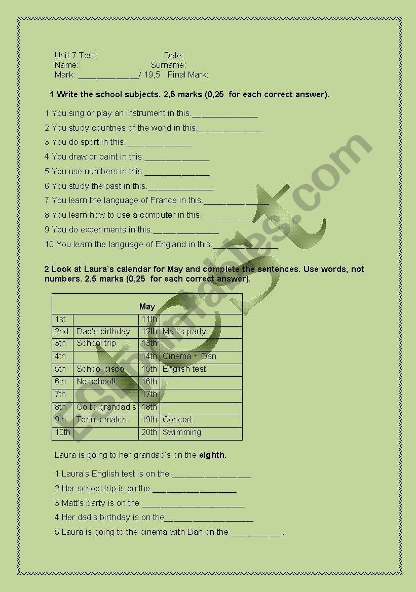 test for 1 ESO worksheet