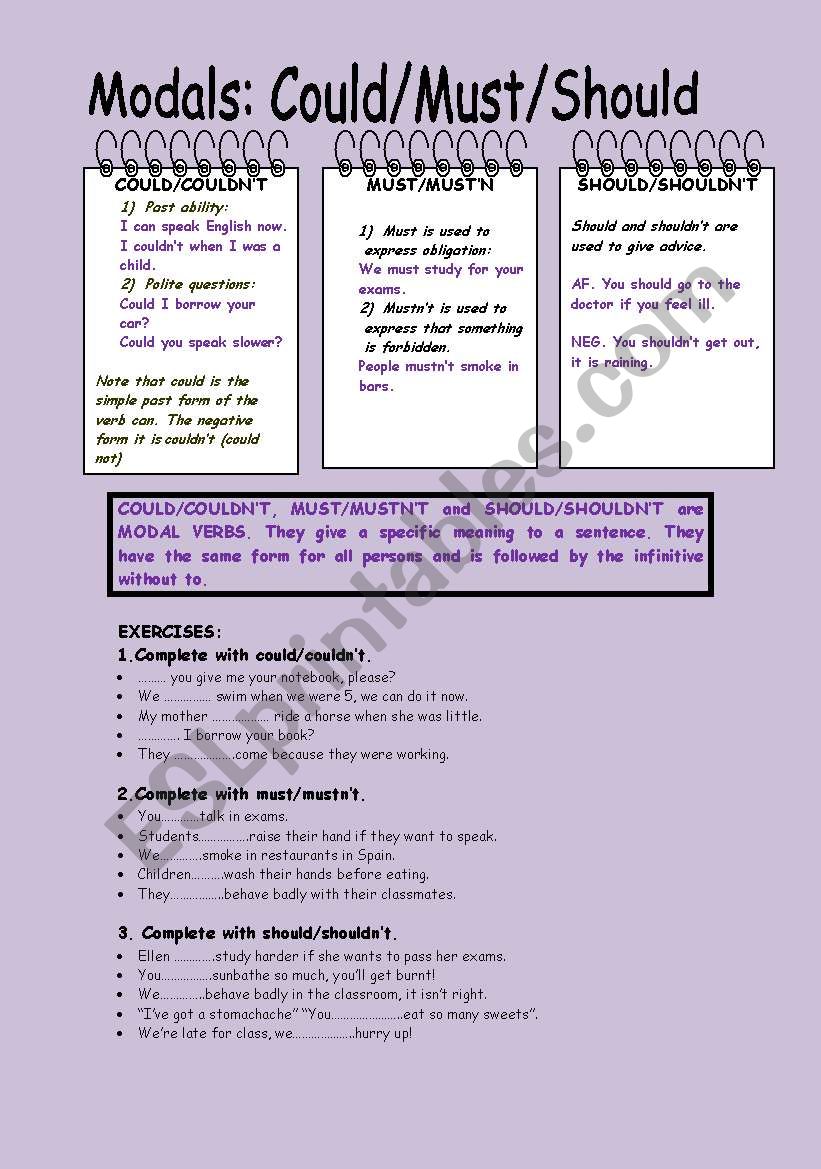 Modals Could Must Should Esl Worksheet By Ange410