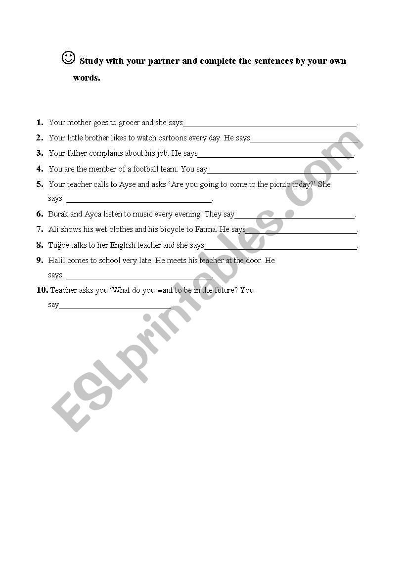 reported speech  worksheet