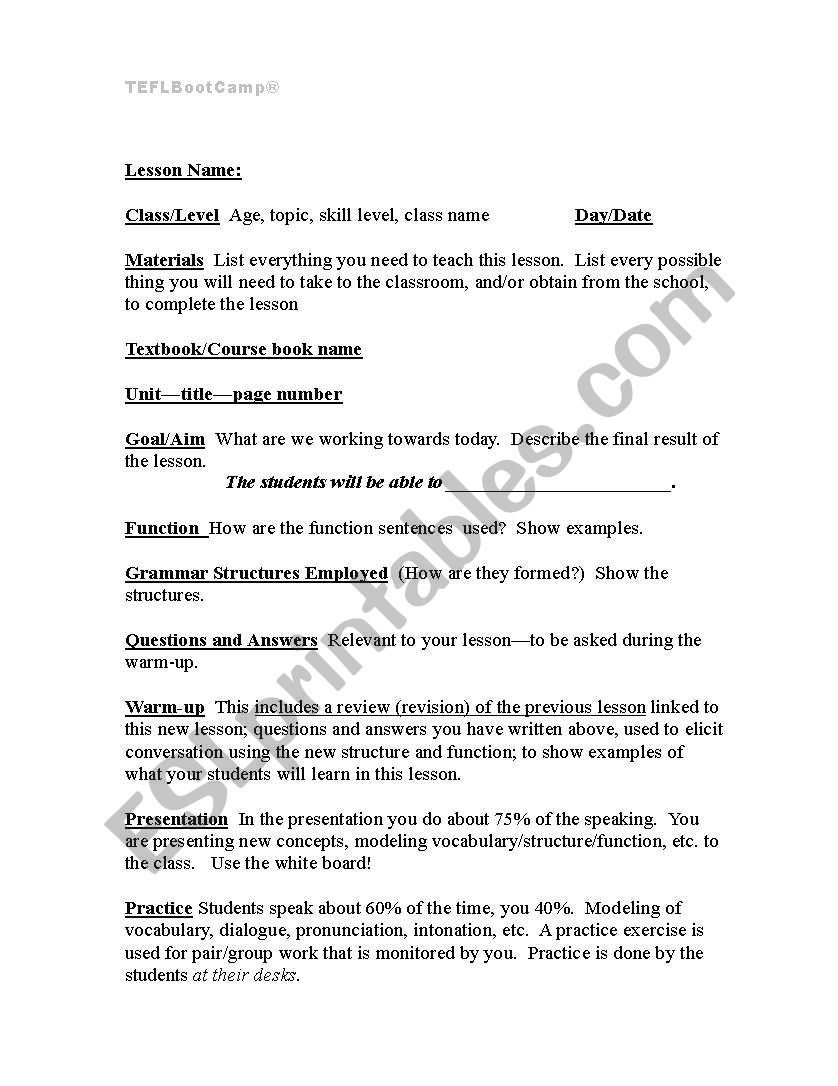 ESL Lesson Planning worksheet