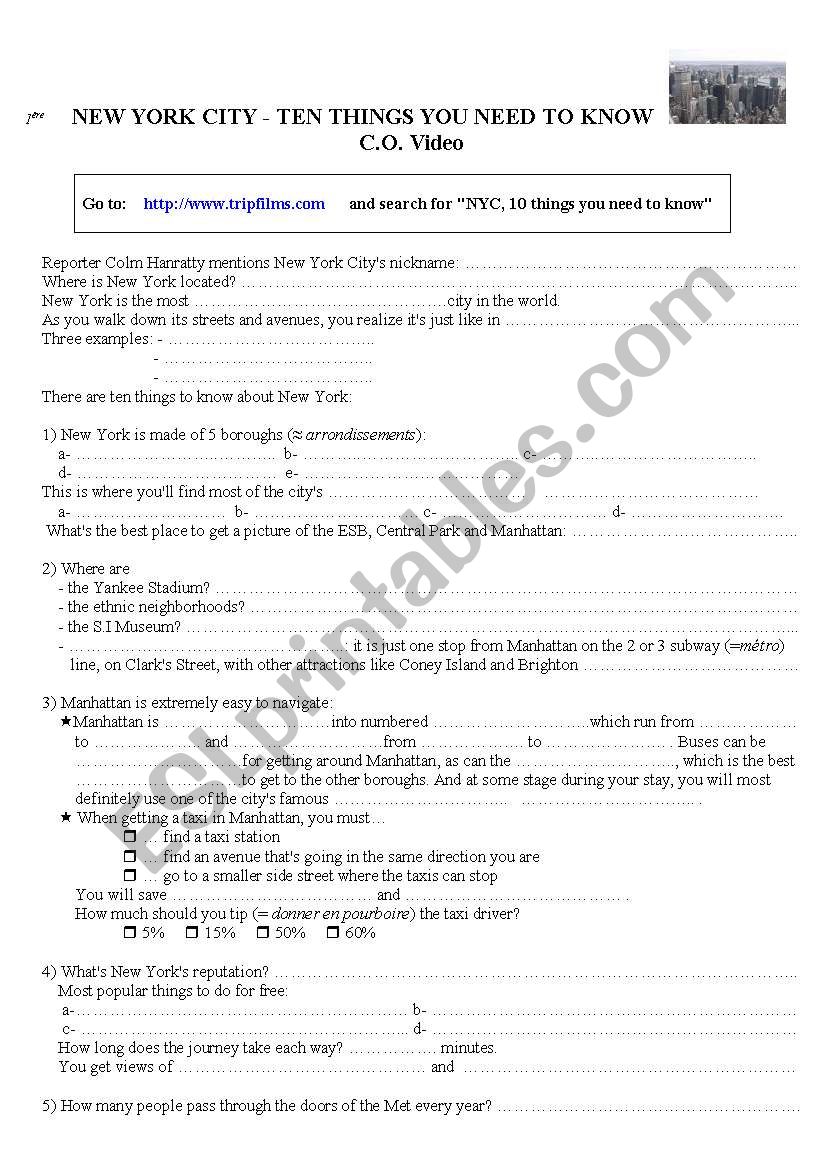 Visiting New York City worksheet