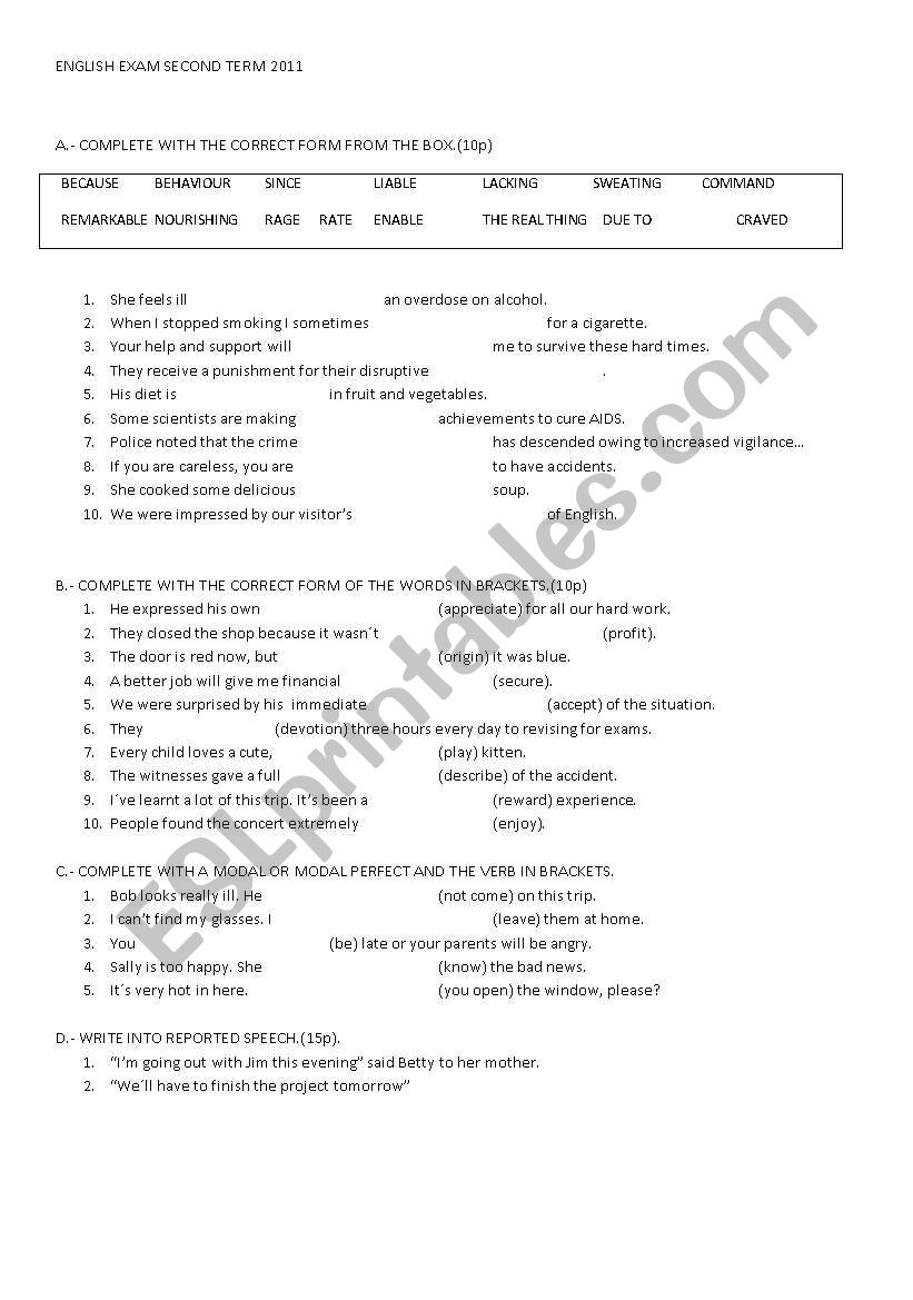 VOCABULARY AND GRAMMAR REVISION 2 BACHILLER