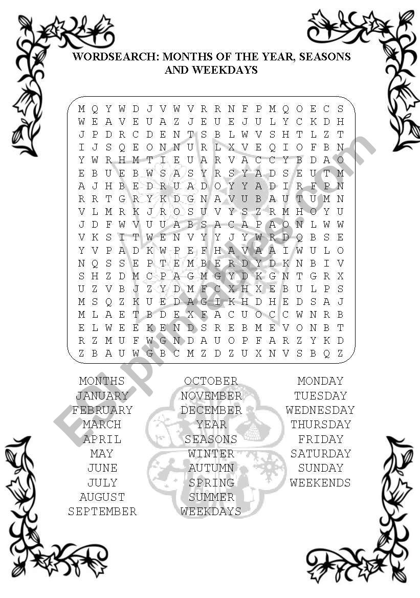 Wordsearch: Months of the year, weekdays, and seasons.