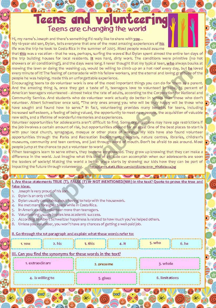 reading comprehension activity Â´Teens & VolunteeringÂ´ - KEY included