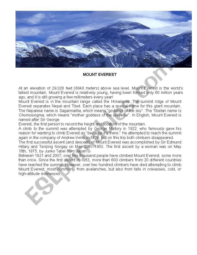 Mount Everest worksheet