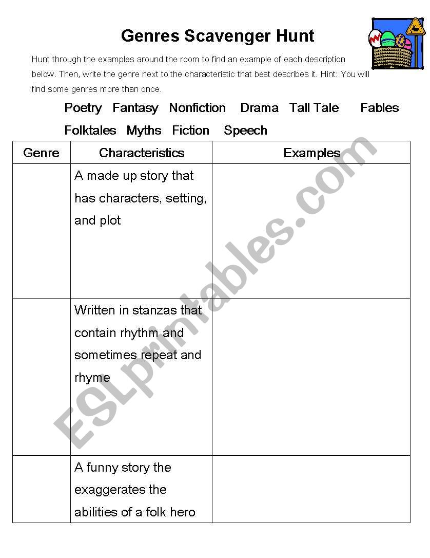 Genre Scavenger Hunt worksheet