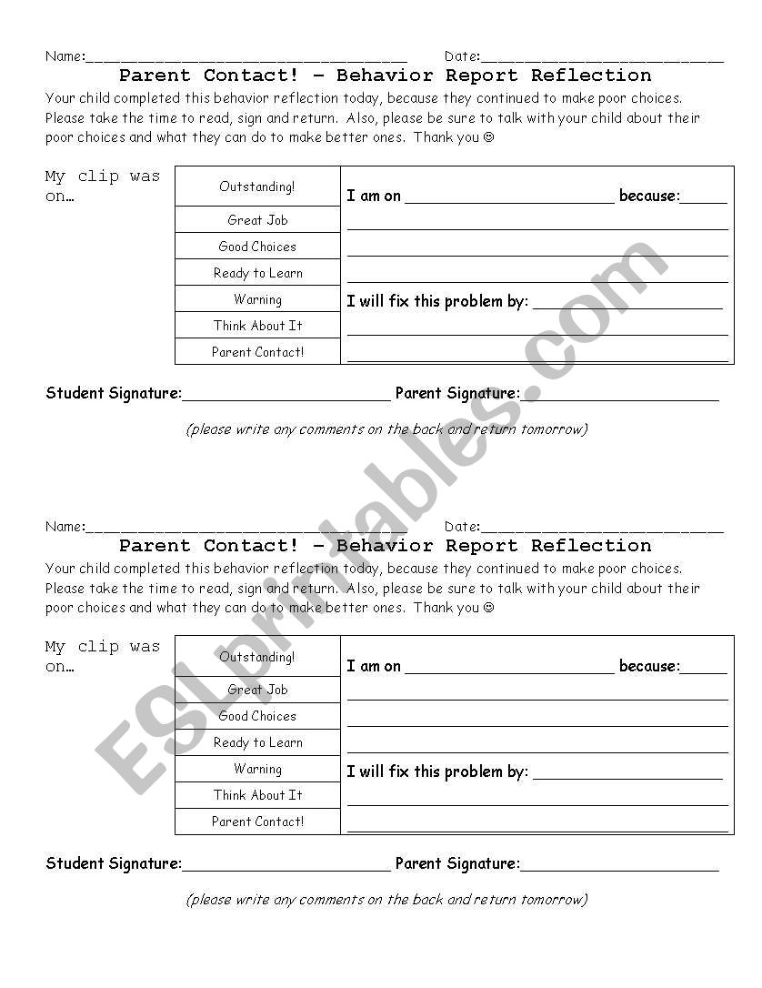 Behavior Reflection worksheet