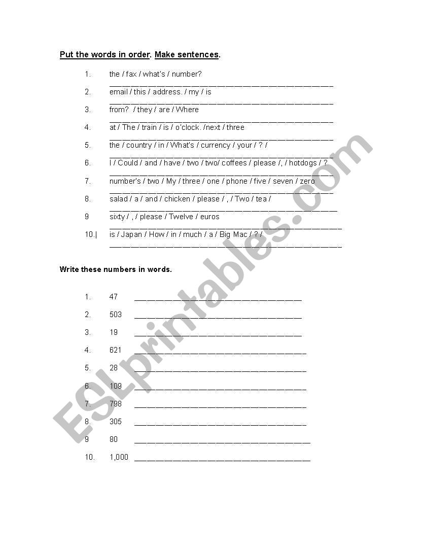 Cardinal numbers worksheet