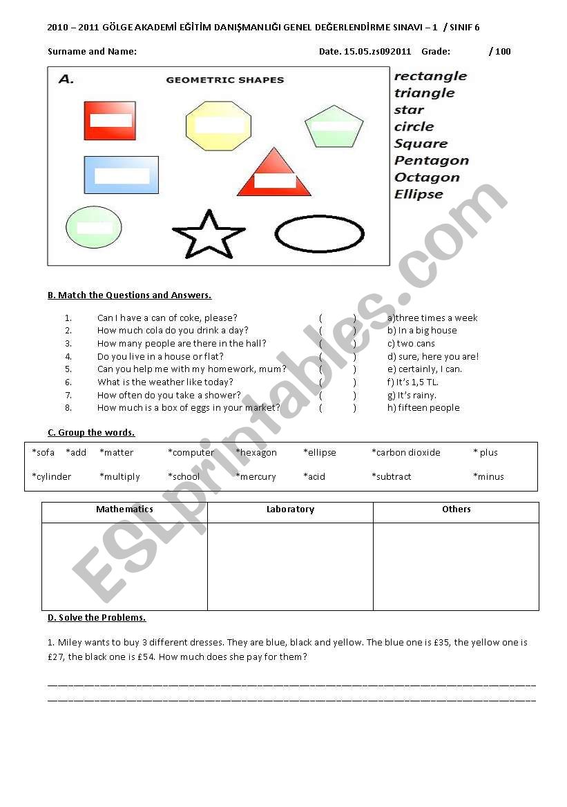 A test including math, geometry and science