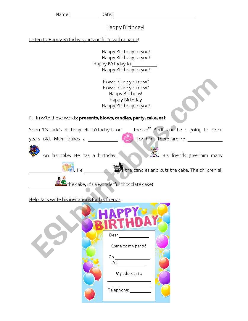 Happy Birthday worksheet