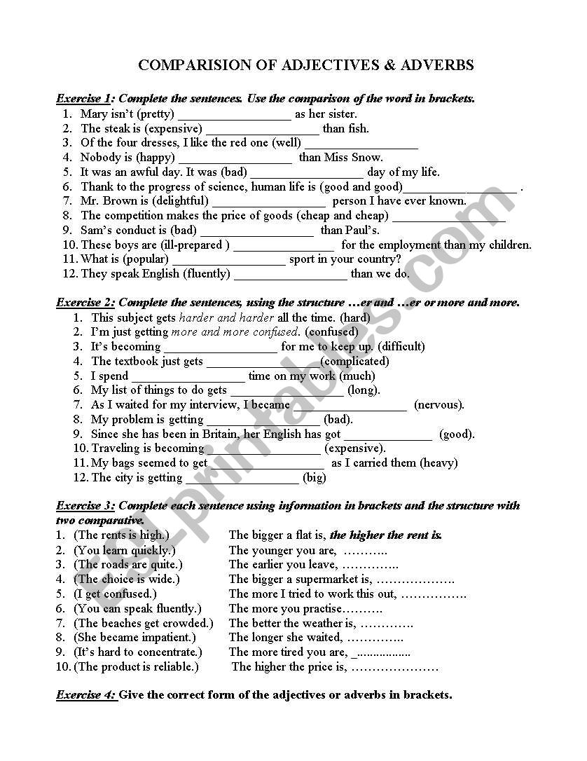 Comparison of all types worksheet