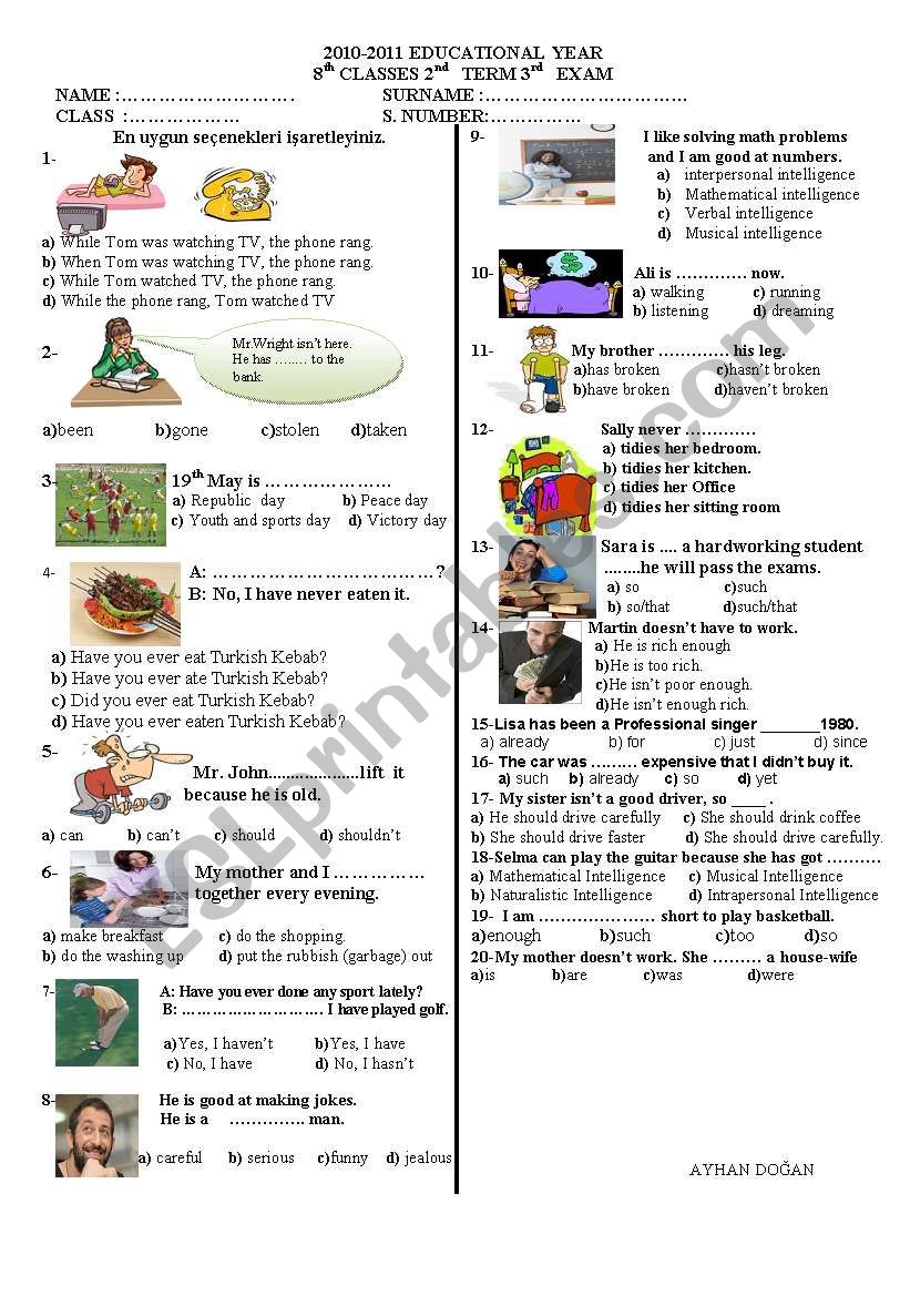 3RD EXAM FOR THE 8 TH GRADES worksheet