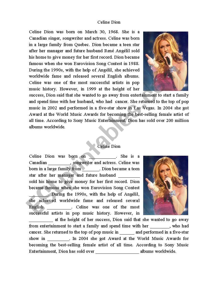 Celine Dion Biography worksheet