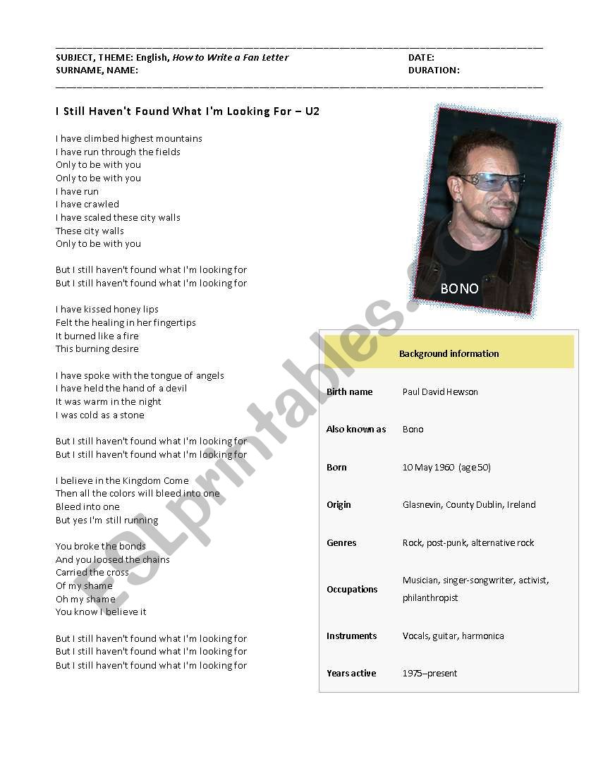 Write a fan letter to Bono worksheet