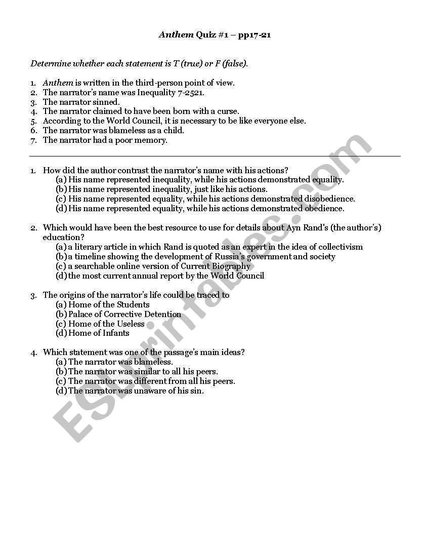 Anthem Quiz #1 worksheet