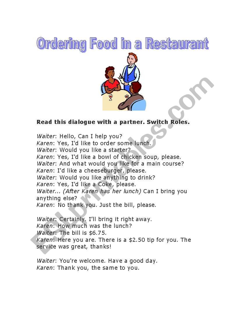 Speaking Practice - Ordering Food in a Restaurant. Dialogue Script and Practice Menu