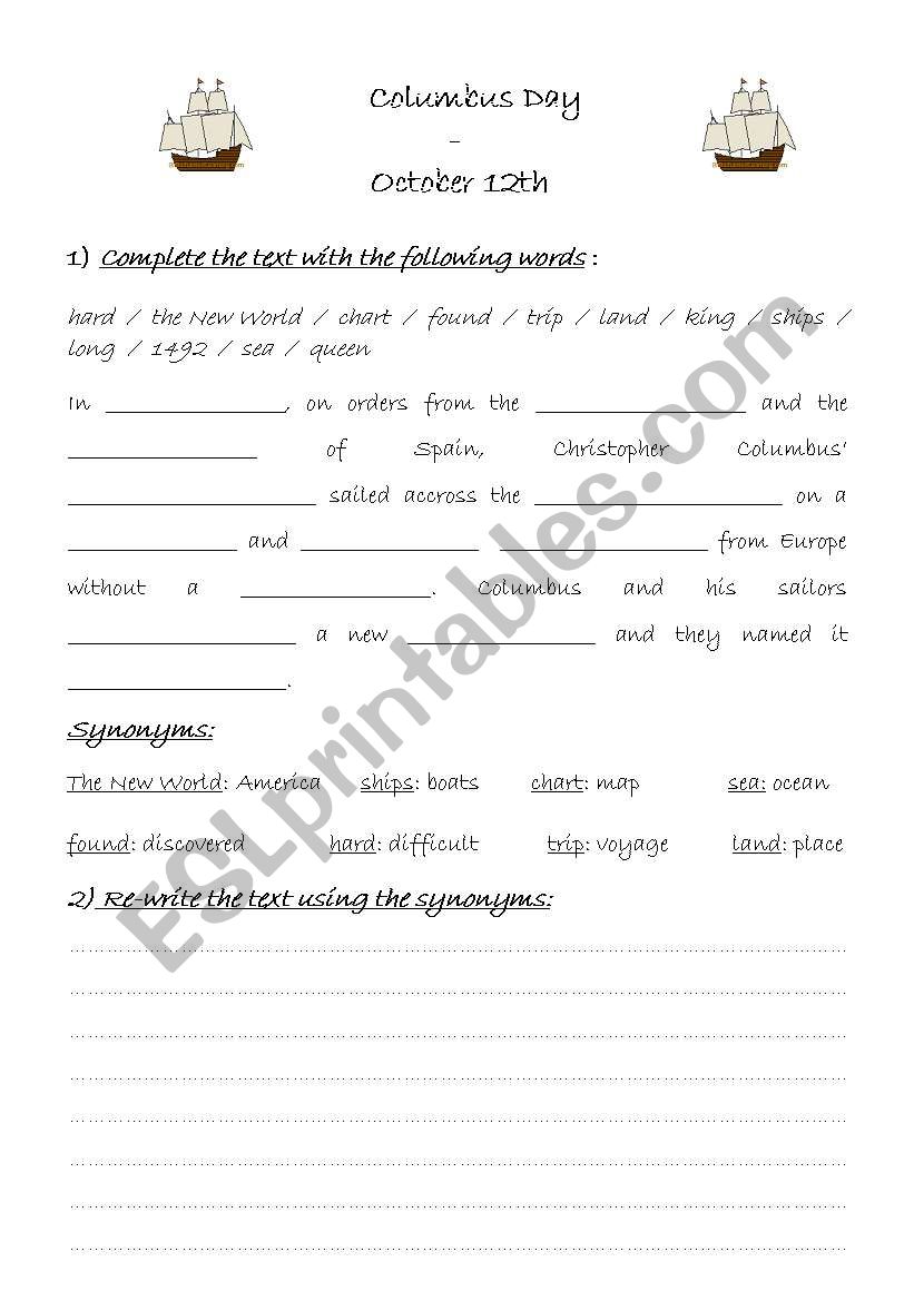 Columbus day worksheet