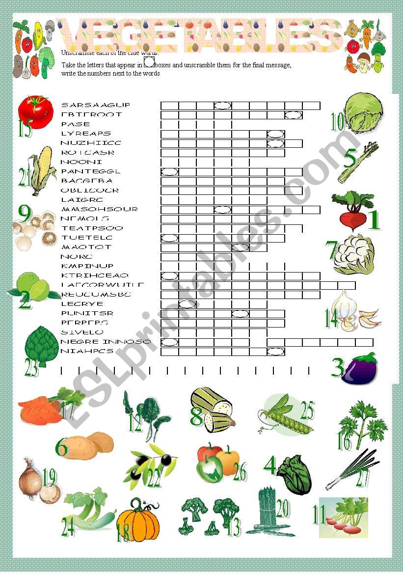 vegetables worksheet