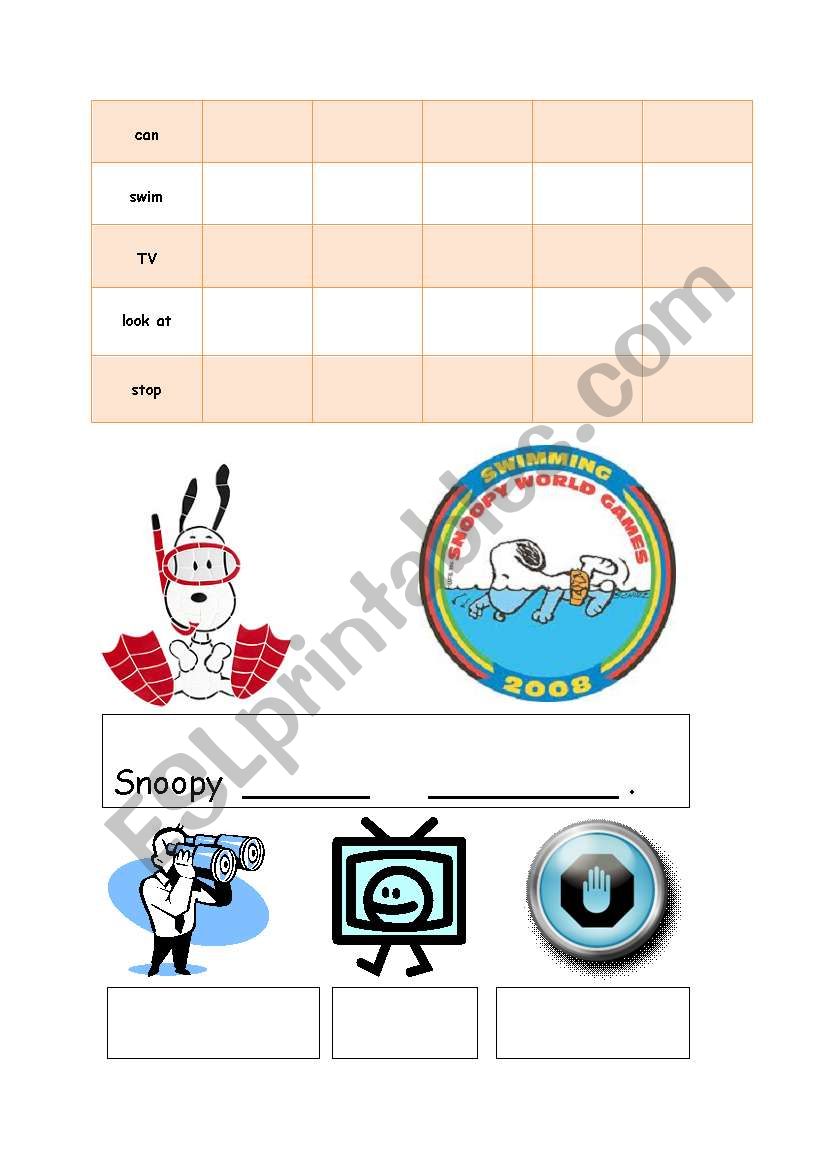 Snoopy can swim worksheet