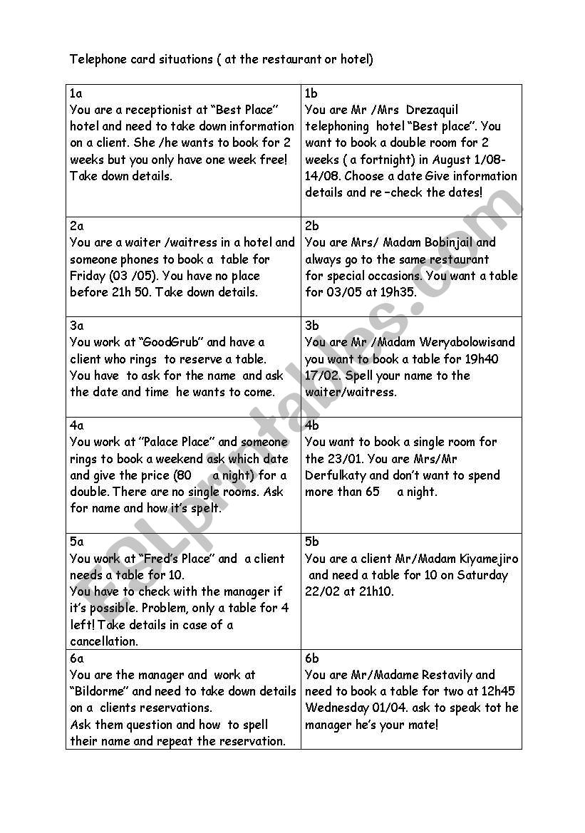 Telephone card situations worksheet