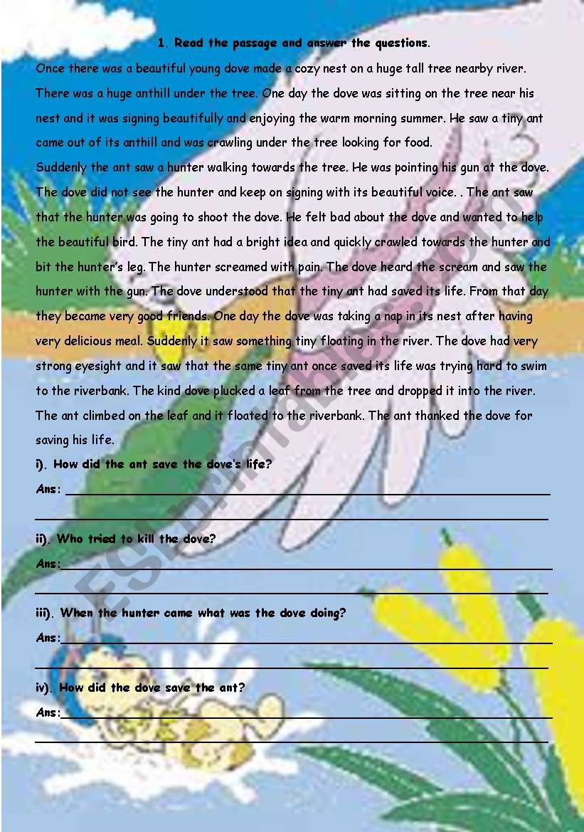 The Ant and the Dove worksheet