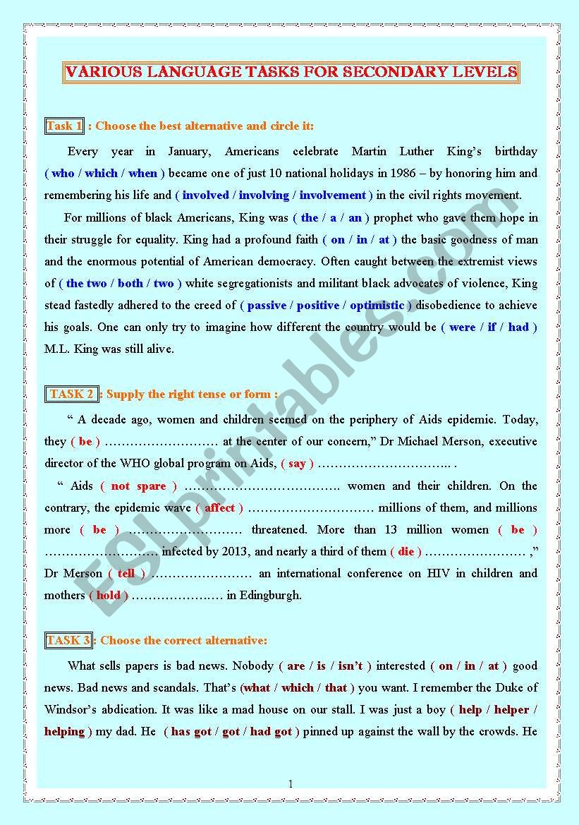 VARIOUS LANGUAGE TASKS FOR SECONDARY LEVELS