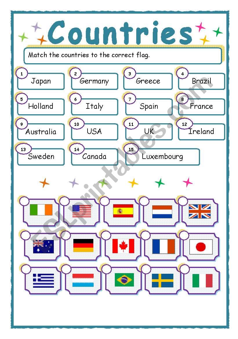 Countries & flags match-up worksheet