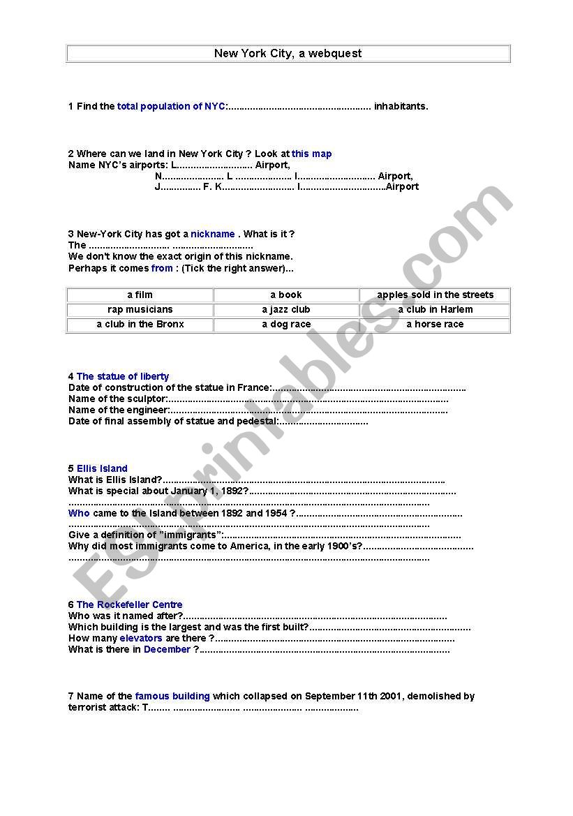 NYC webquest worksheet