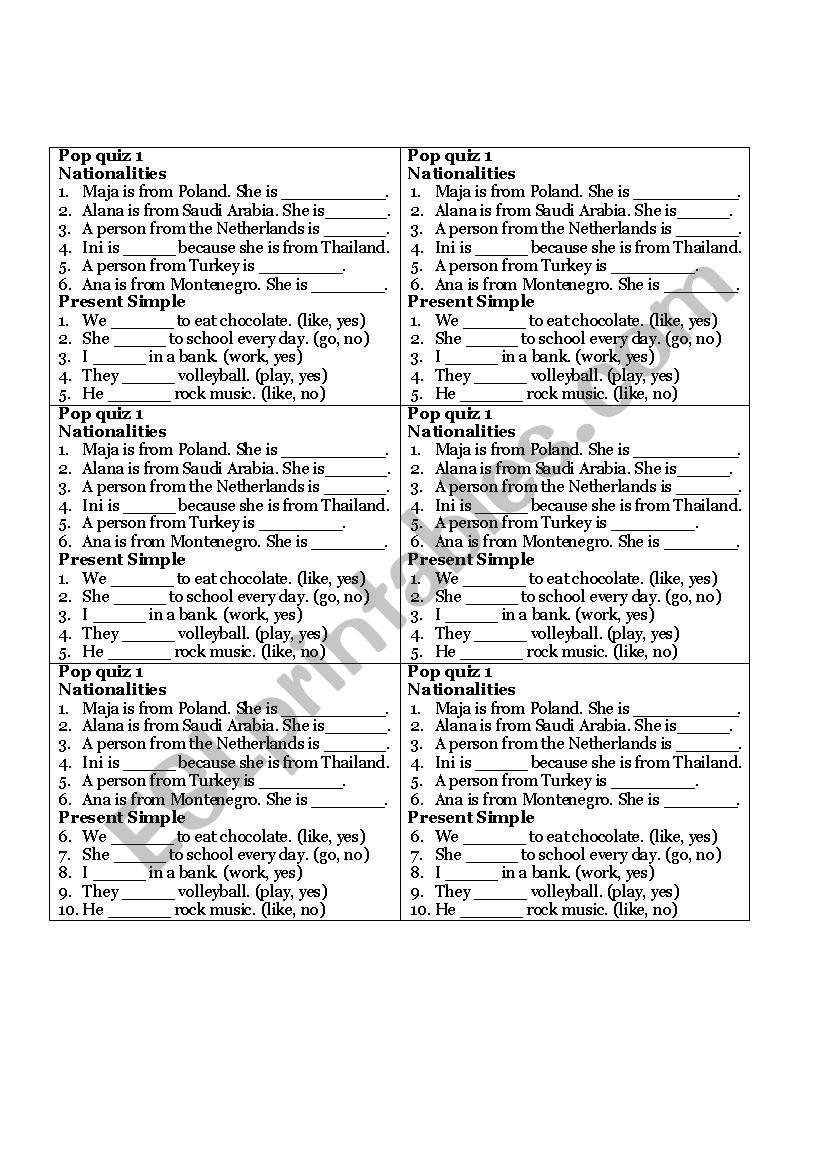 pop quiz worksheet