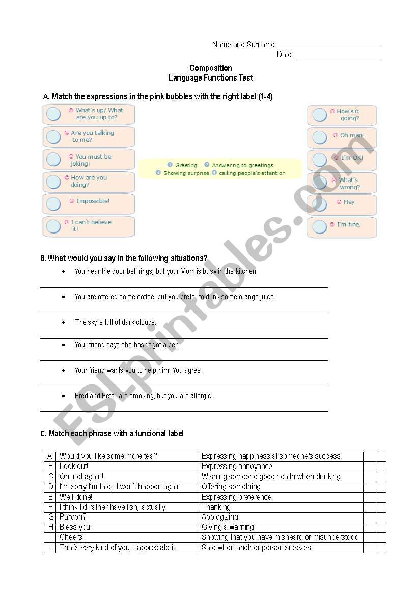 Language Functions Test worksheet