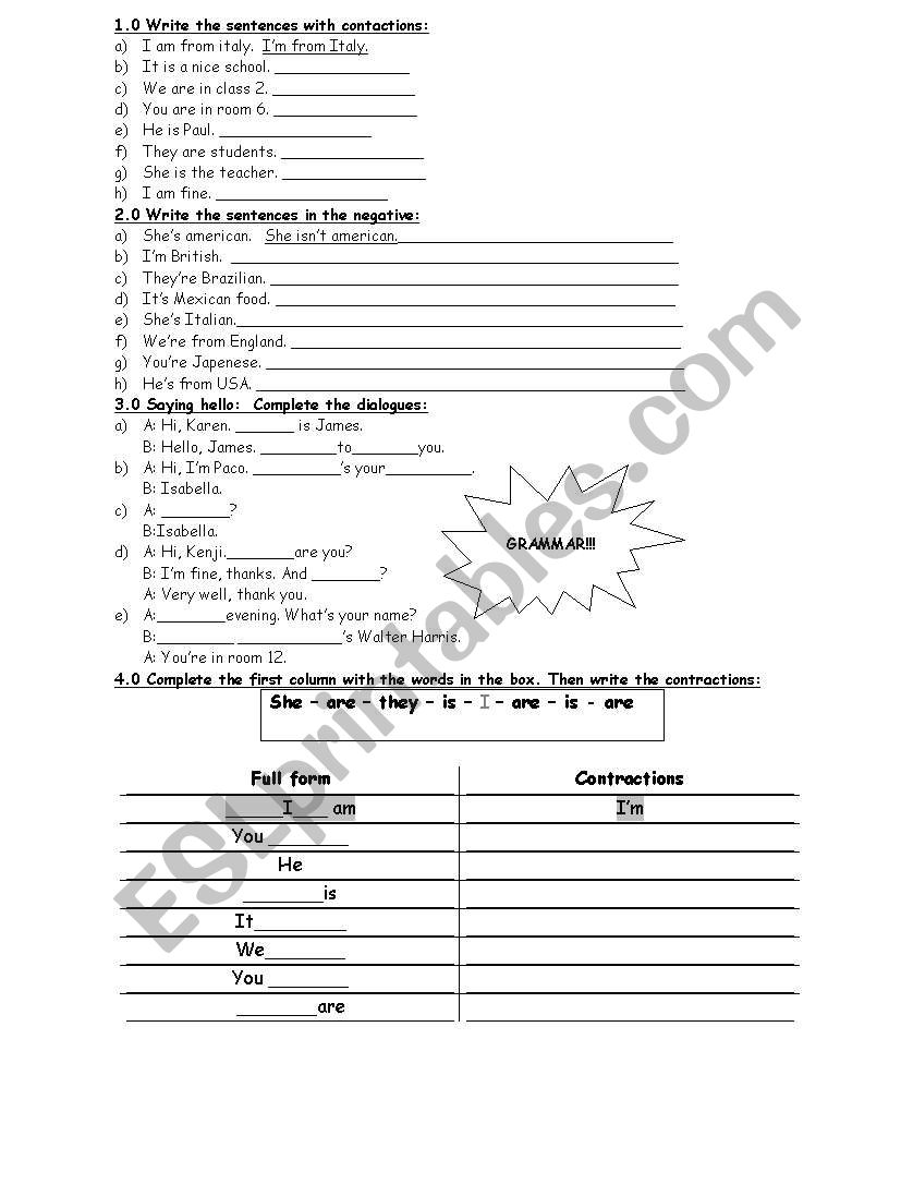 Contraction To be worksheet