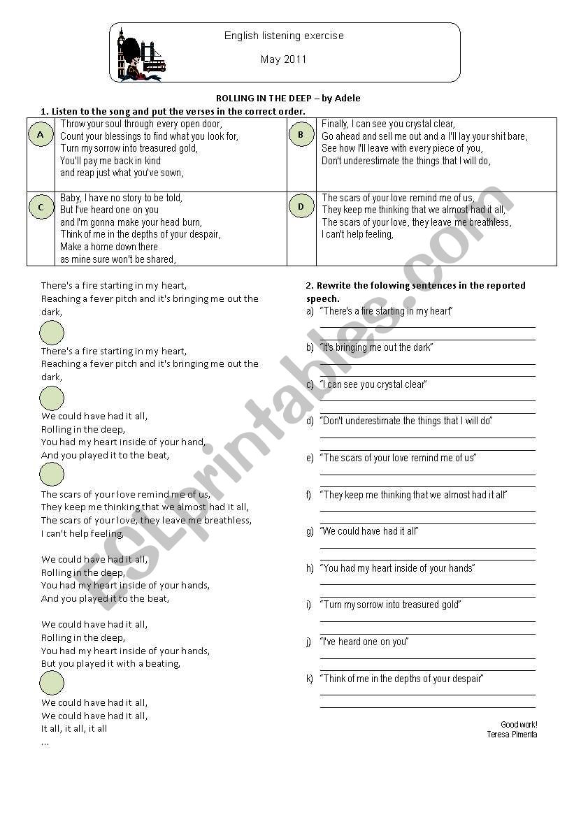 adele - rolling in the deep worksheet