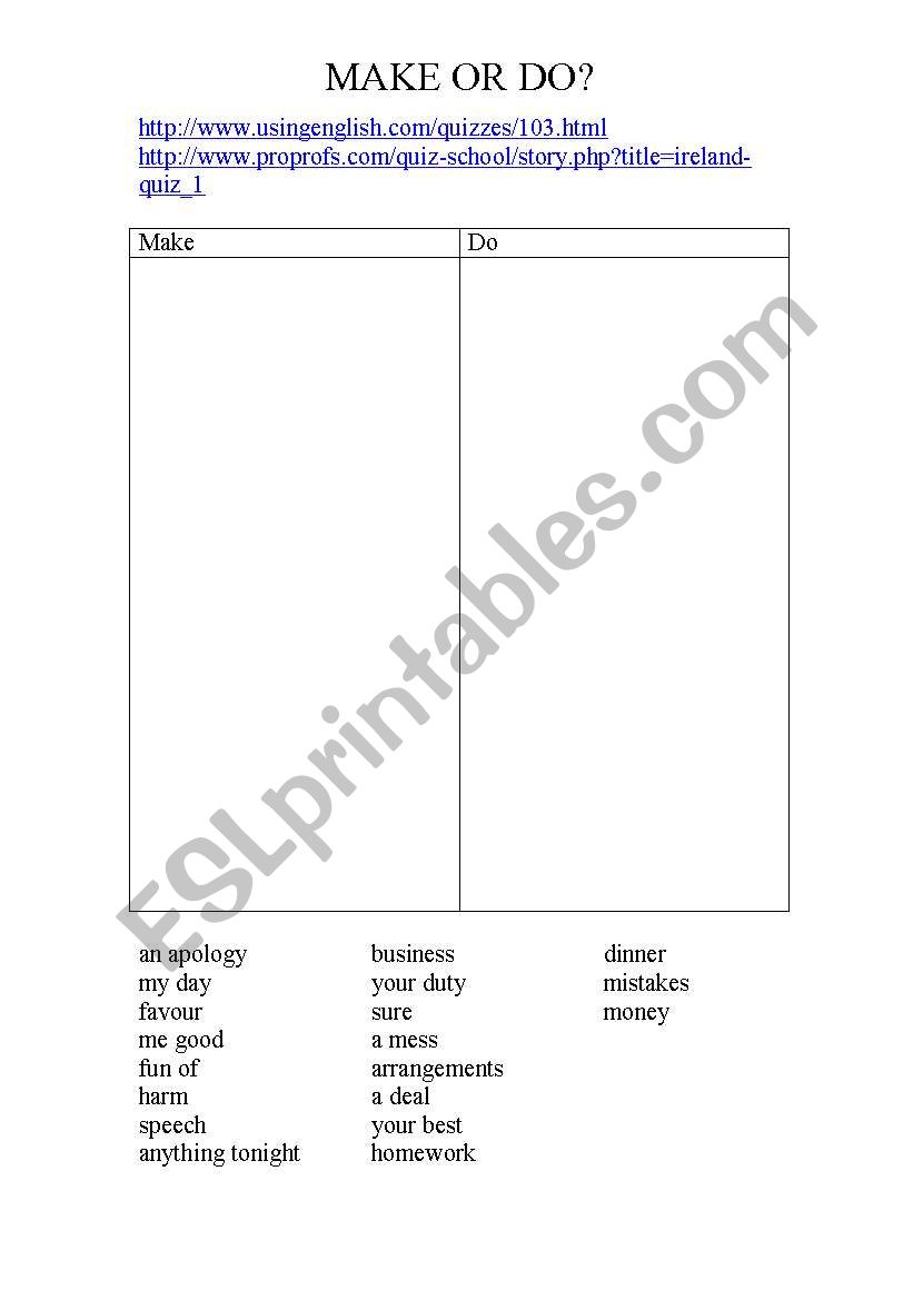 Make or do worksheet