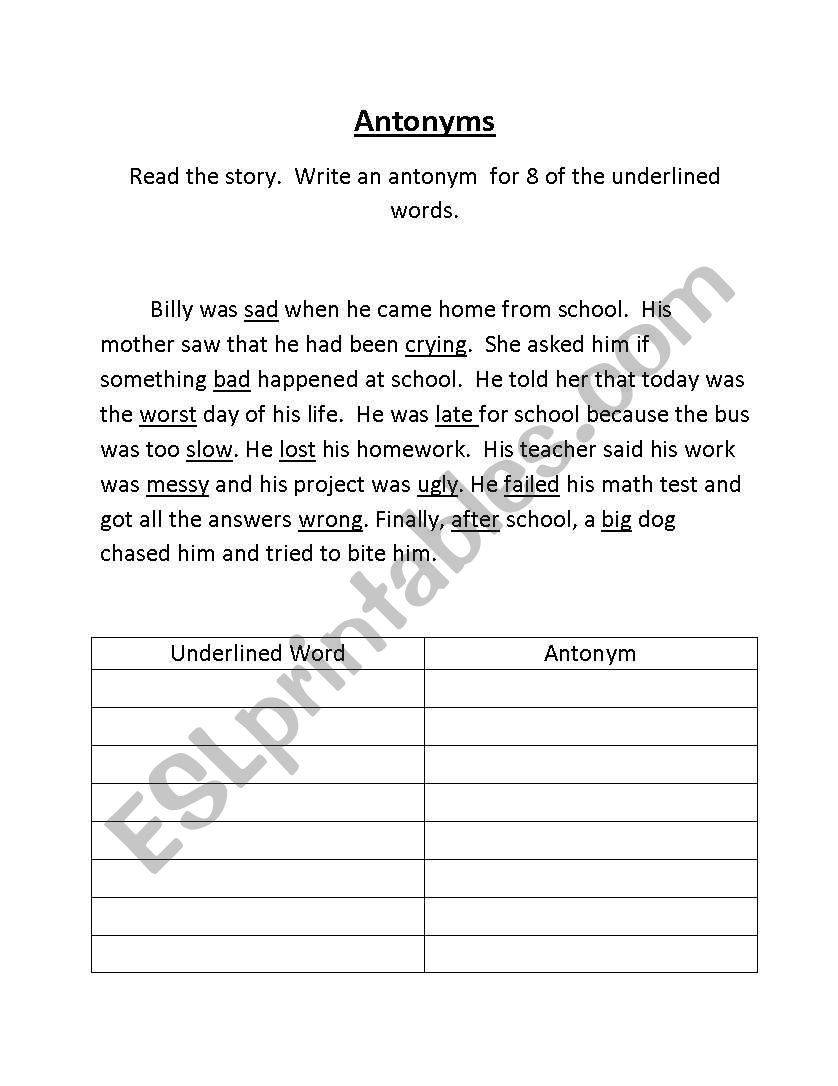 Antonyms worksheet
