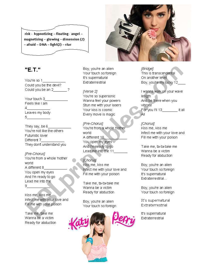 katy perry, e.t. worksheet