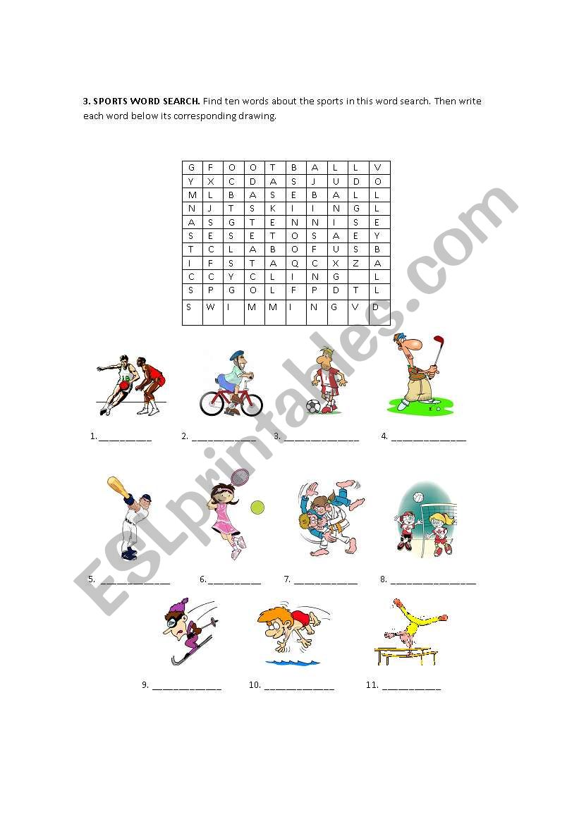 Sport word search worksheet